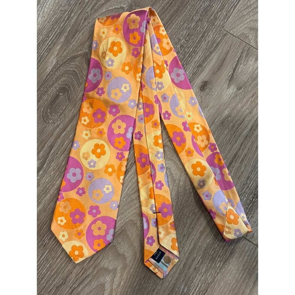 Ted Baker London Silk Tie Orange Purple Retro Floral Geometric 60s Mod Style